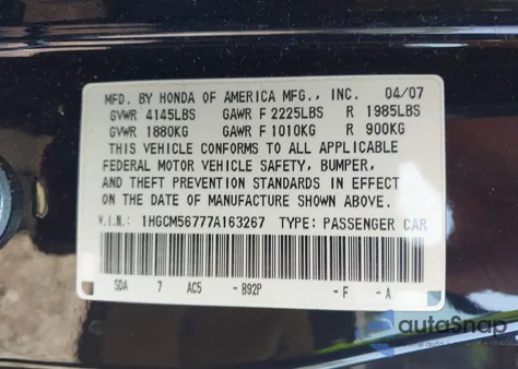 2007 Honda Accord 2.4 Ex from USA, damaged, VIN 1HGCM56777A163267